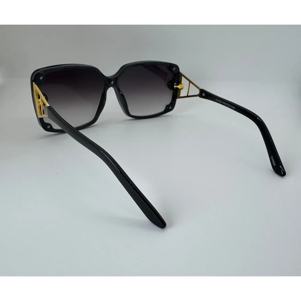 Oversized Square Sunglasses Black Gold Studded Geometric Temple UV400 Protection